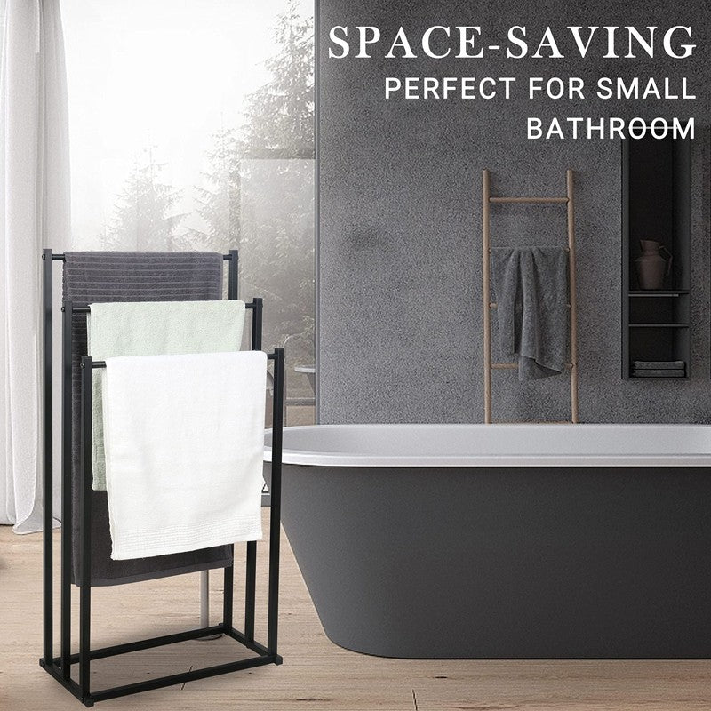 3 Tier Free Standing Towel Rail Stand Unit - Moveable Black