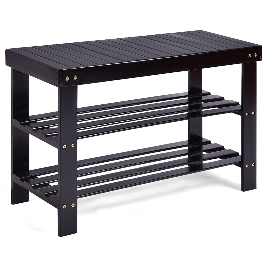 3 Tier Bamboo Bench Storage Shoe Shelf - Black for Meditation