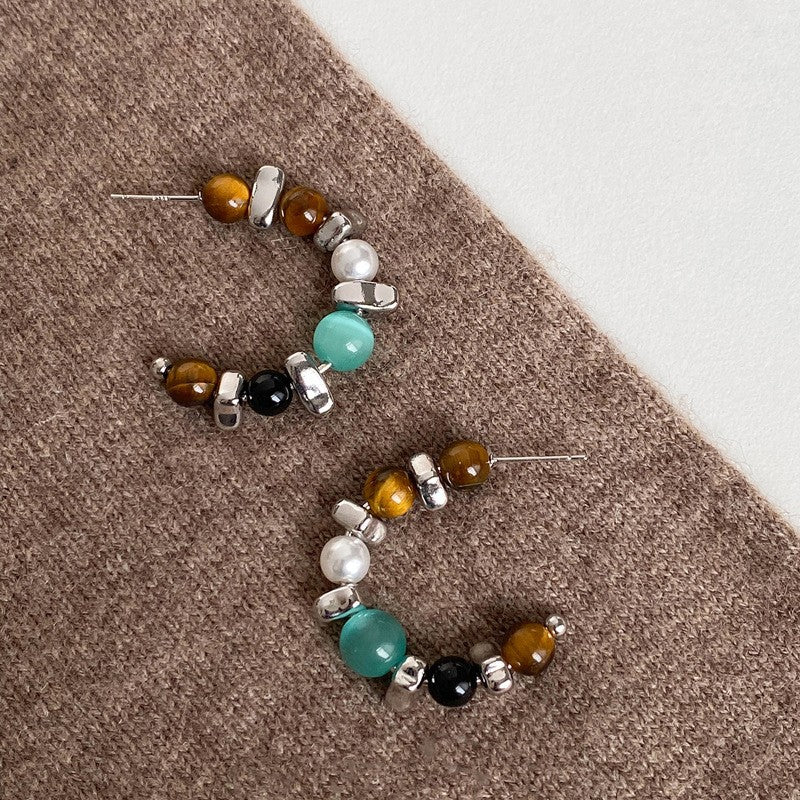 Silver Needle Tiger's Eye Earrings for Women - Vintage Dangle Design