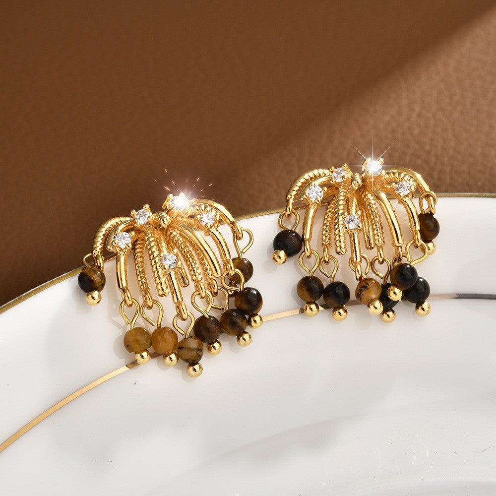 Silver Needle Tiger's Eye Earrings for Women - Vintage Dangle Design