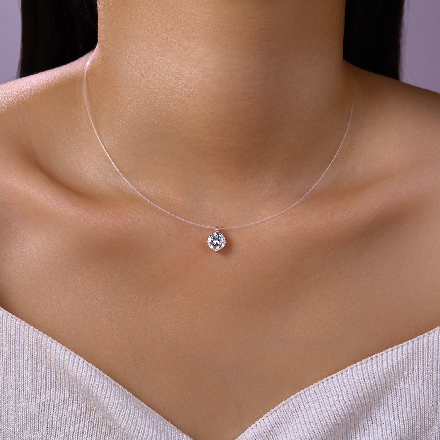 S925 Sterling Silver Invisible Necklace with Moissanite Pendant
