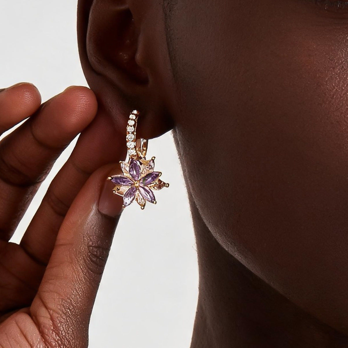Light Luxury Lavender Cubic Zirconia Flower Huggie Earrings