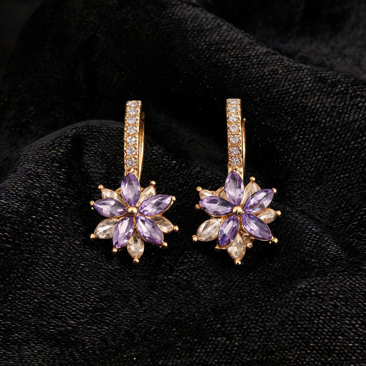 Light Luxury Lavender Cubic Zirconia Flower Huggie Earrings