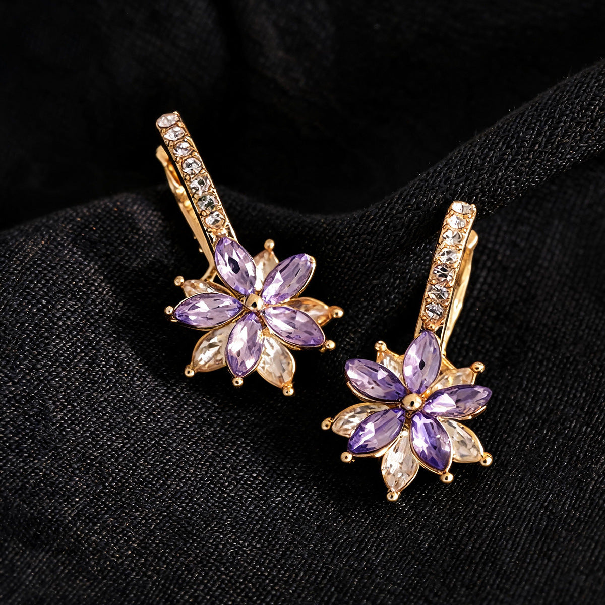 Light Luxury Lavender Cubic Zirconia Flower Huggie Earrings