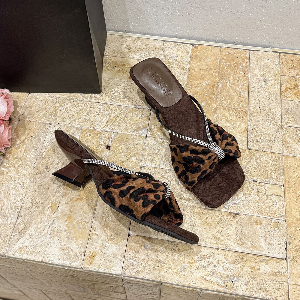 Women's Satin Rhinestone Sandals - Summer Leopard Print Heels