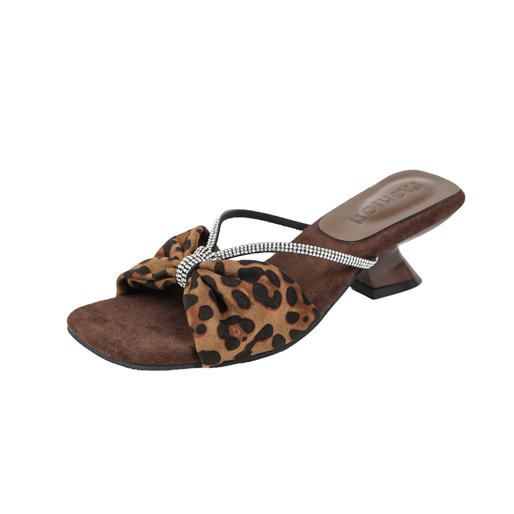 Women's Satin Rhinestone Sandals - Summer Leopard Print Heels