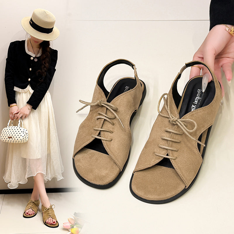 2026 New Vintage Cutout Lace-Up Roman Sandals for Women