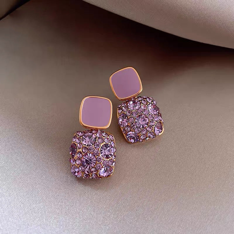 Sweet Korean Purple Rhinestone Earrings - Luxury Stud Earrings