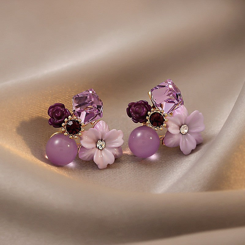Purple Rhinestone Flower Earrings for Women - Elegant Style
