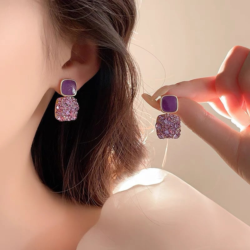 Purple Crystal Rhinestone Earrings - Luxury Korean Style