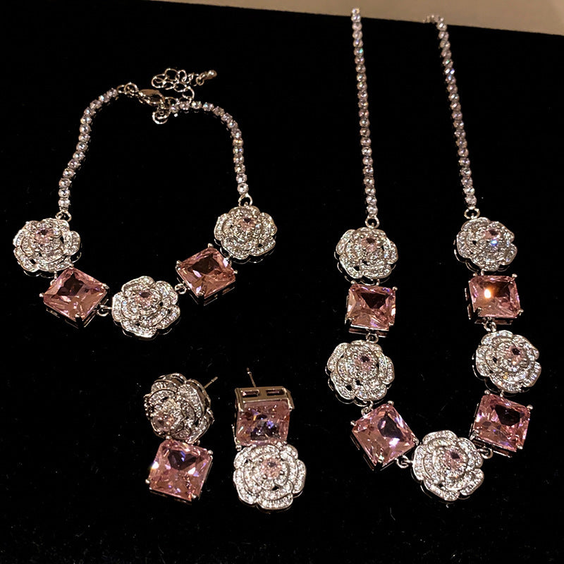 Floral Cluster Princess Rose Zircon Jewelry Set - Elegant Necklace