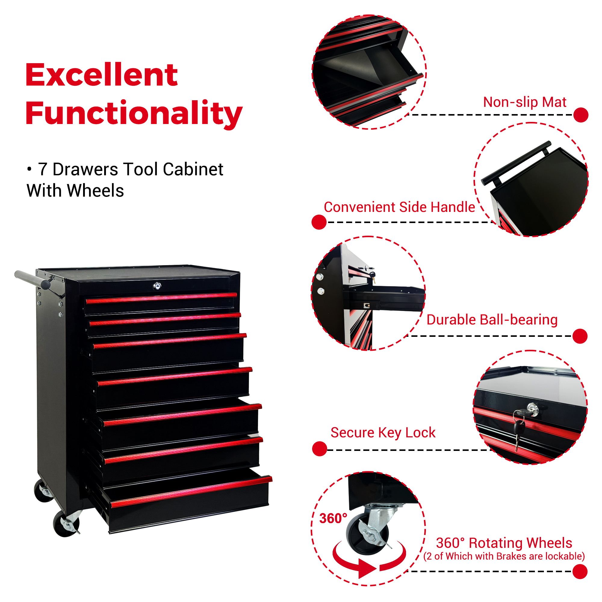 7-Drawer Rolling Tool Storage Cabinet with Detachable Top