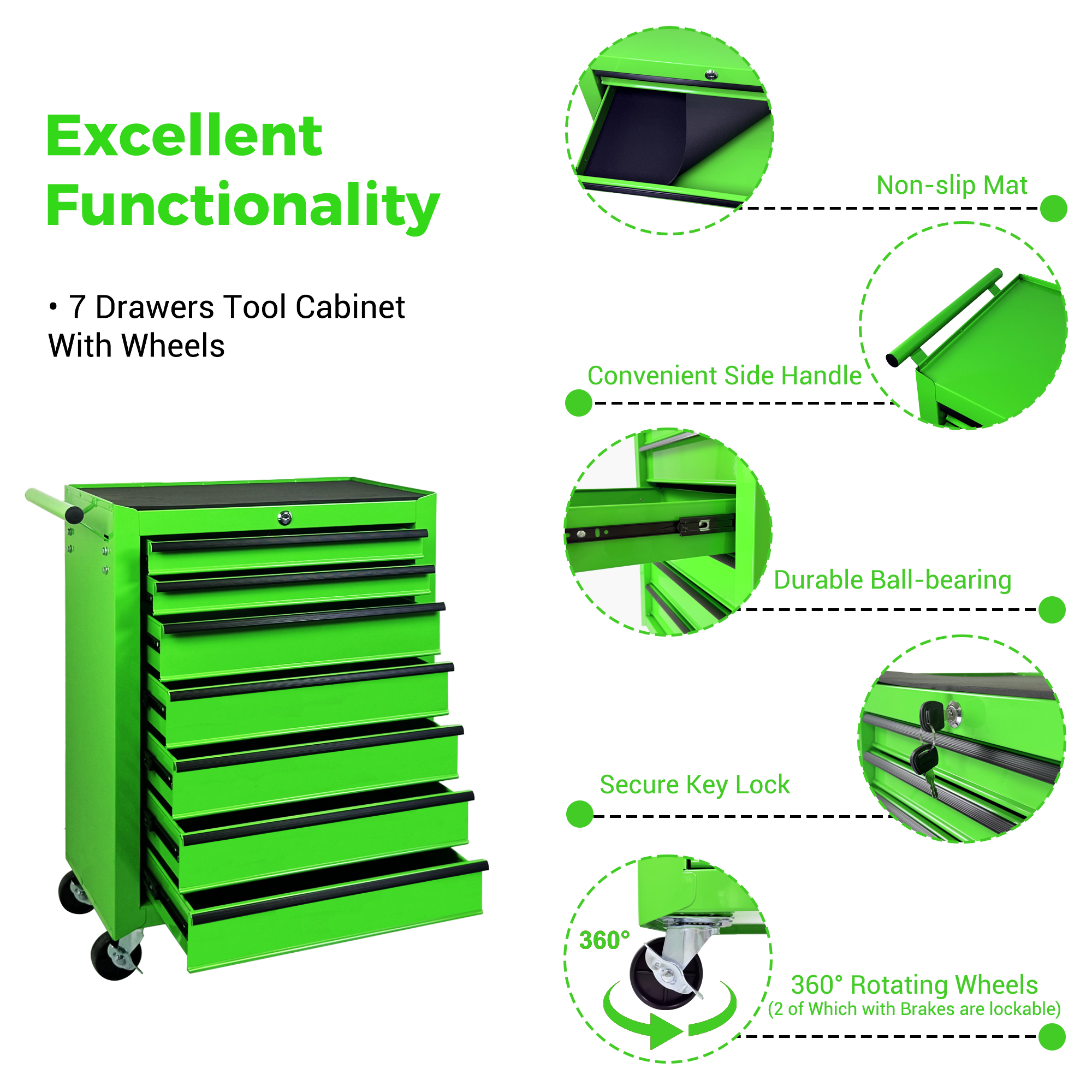 7-Drawer Rolling Tool Storage Cabinet - Leaf Bright Green