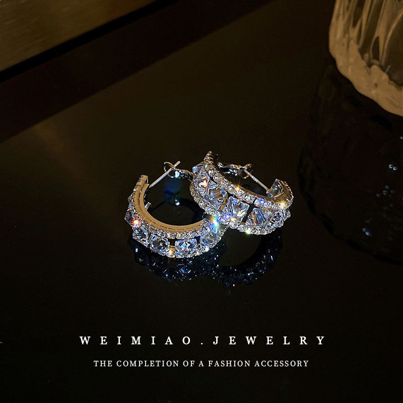 Silver Needle C-Shaped Rhinestone Earrings for Women