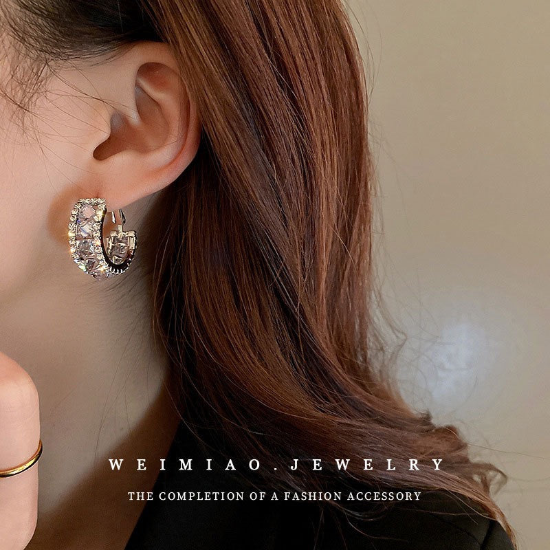 Silver Needle C-Shaped Rhinestone Earrings for Women