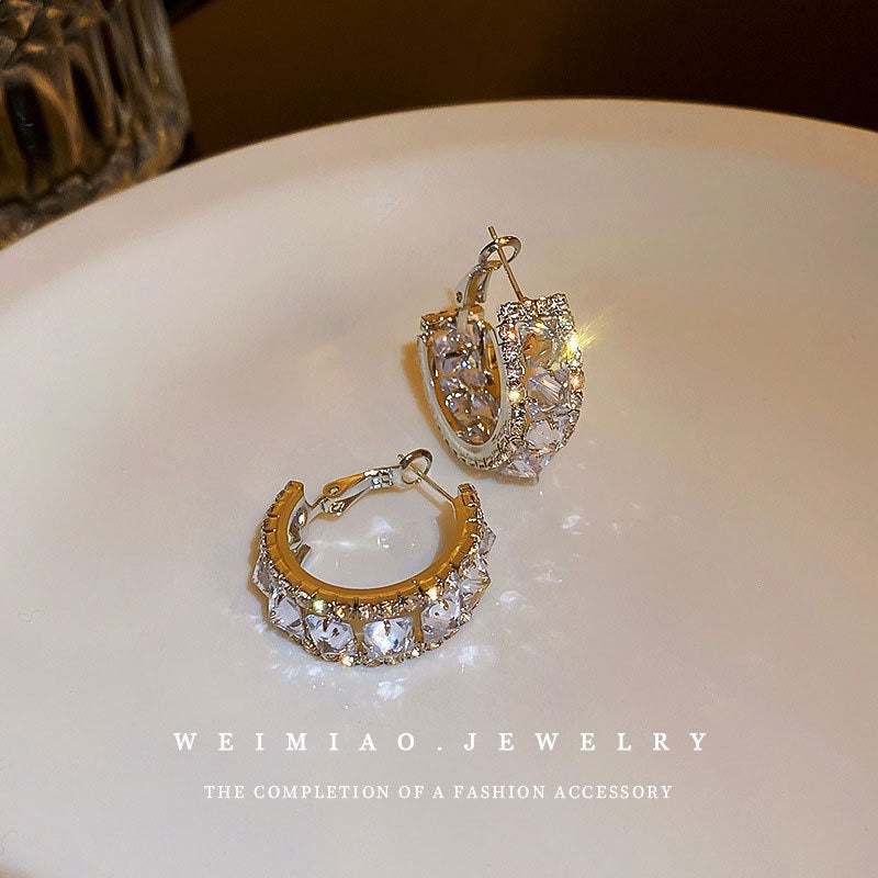 Silver Needle C-Shaped Rhinestone Earrings for Women