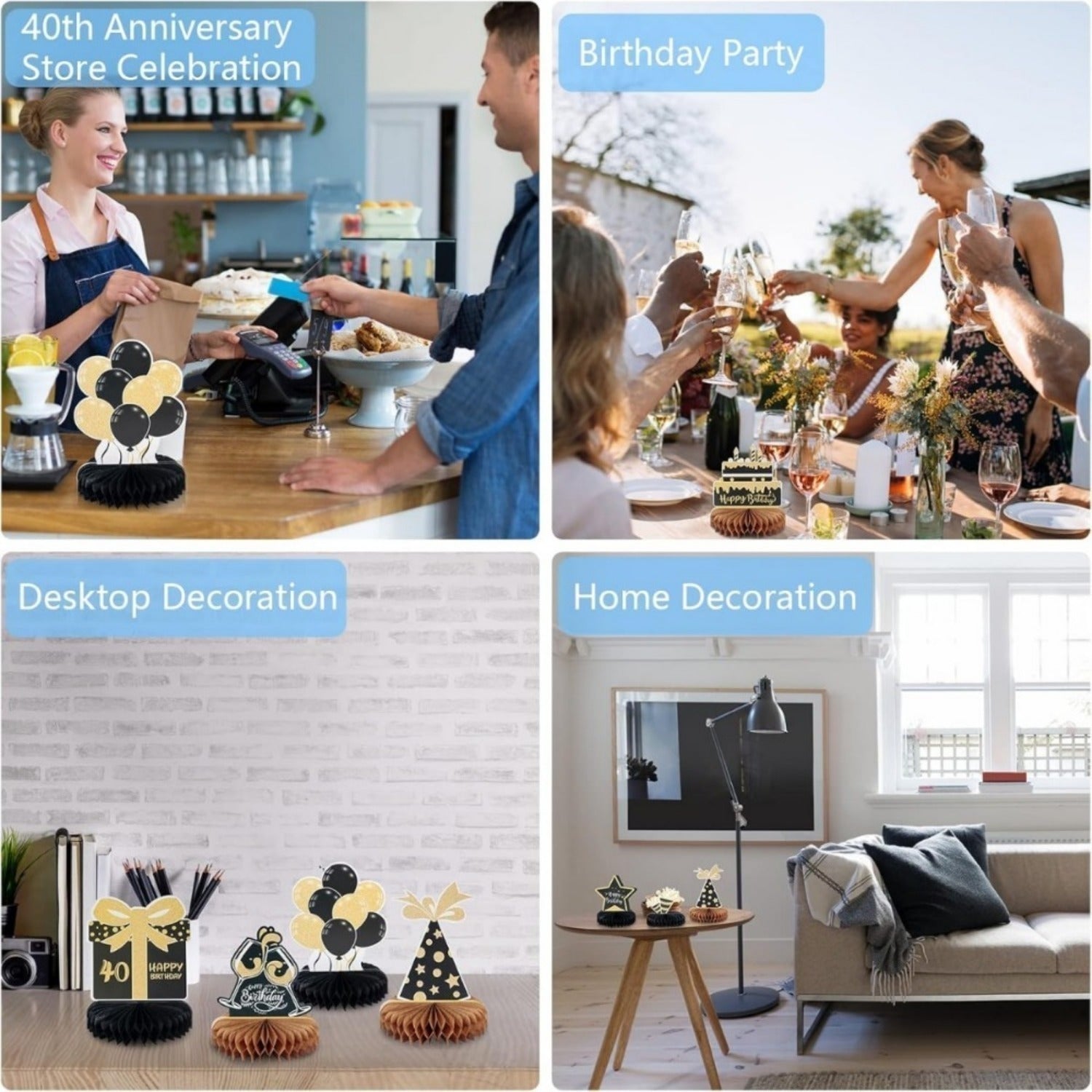 Honeycomb Decoration Set for 40th Birthday - 9-Piece Black and Gold