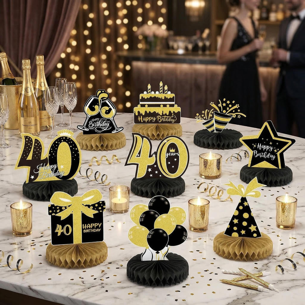 Honeycomb Decoration Set for 40th Birthday - 9-Piece Black and Gold