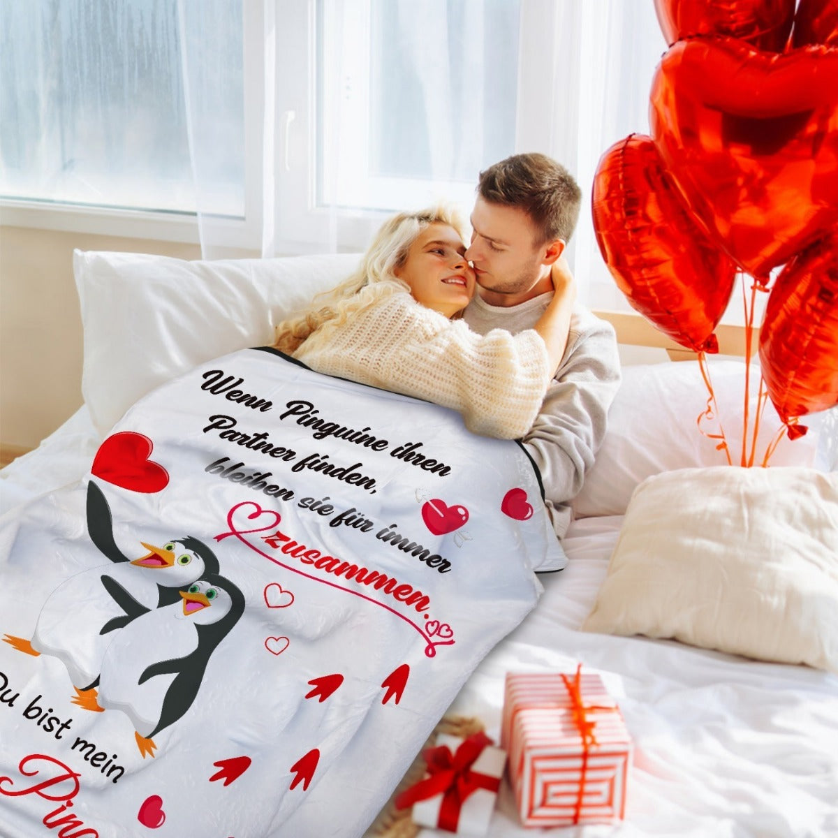 Personalized Penguin Blanket - Valentine's Day Gifts for Her & Him
