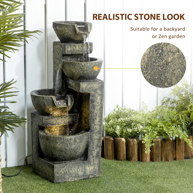 Small Outdoor Fountain with 4-Tier Stone Bowls and LED Lights