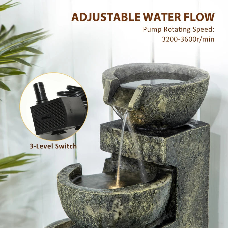Small Outdoor Fountain with 4-Tier Stone Bowls and LED Lights