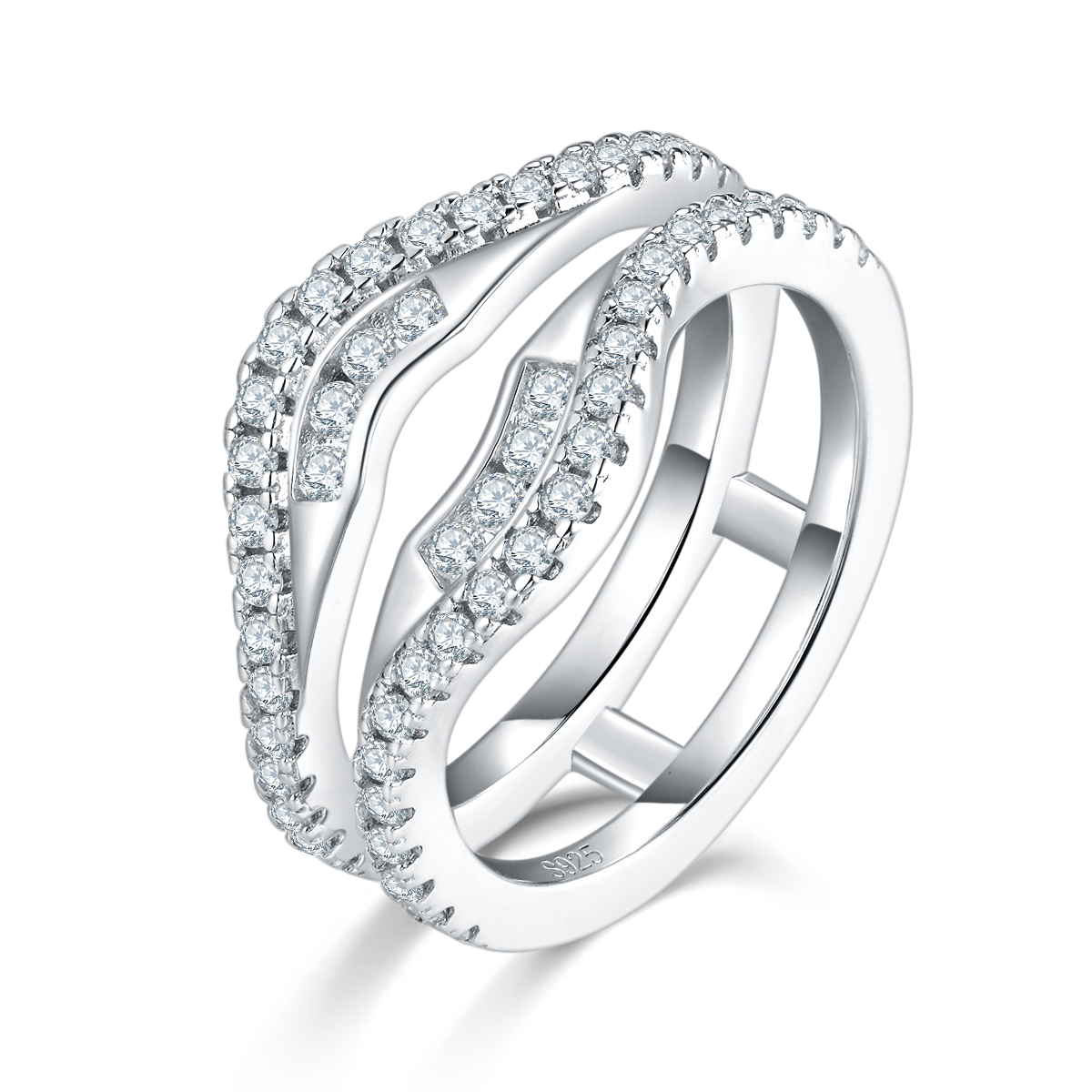 S925 Sterling Silver Double Band Ring with Moissanite Pave