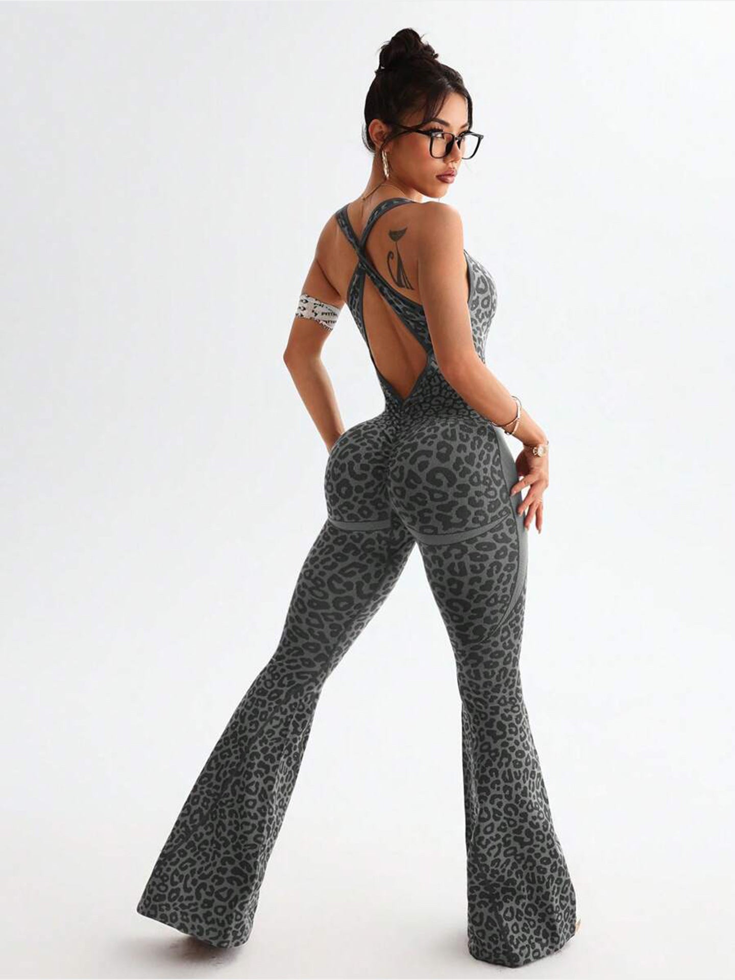 Women's Leopard Print Crisscross Back Yoga Jumpsuit