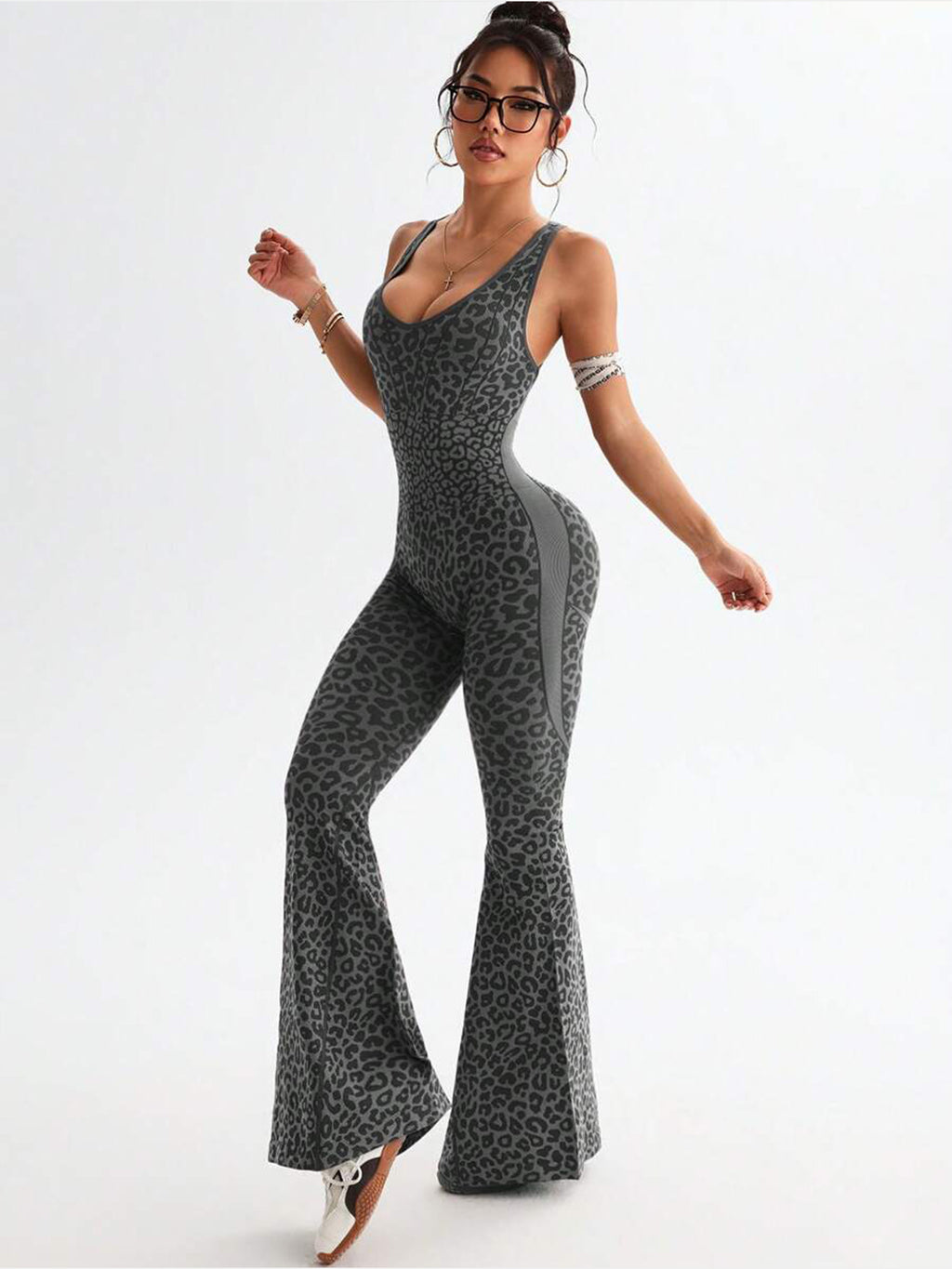 Women's Leopard Print Crisscross Back Yoga Jumpsuit