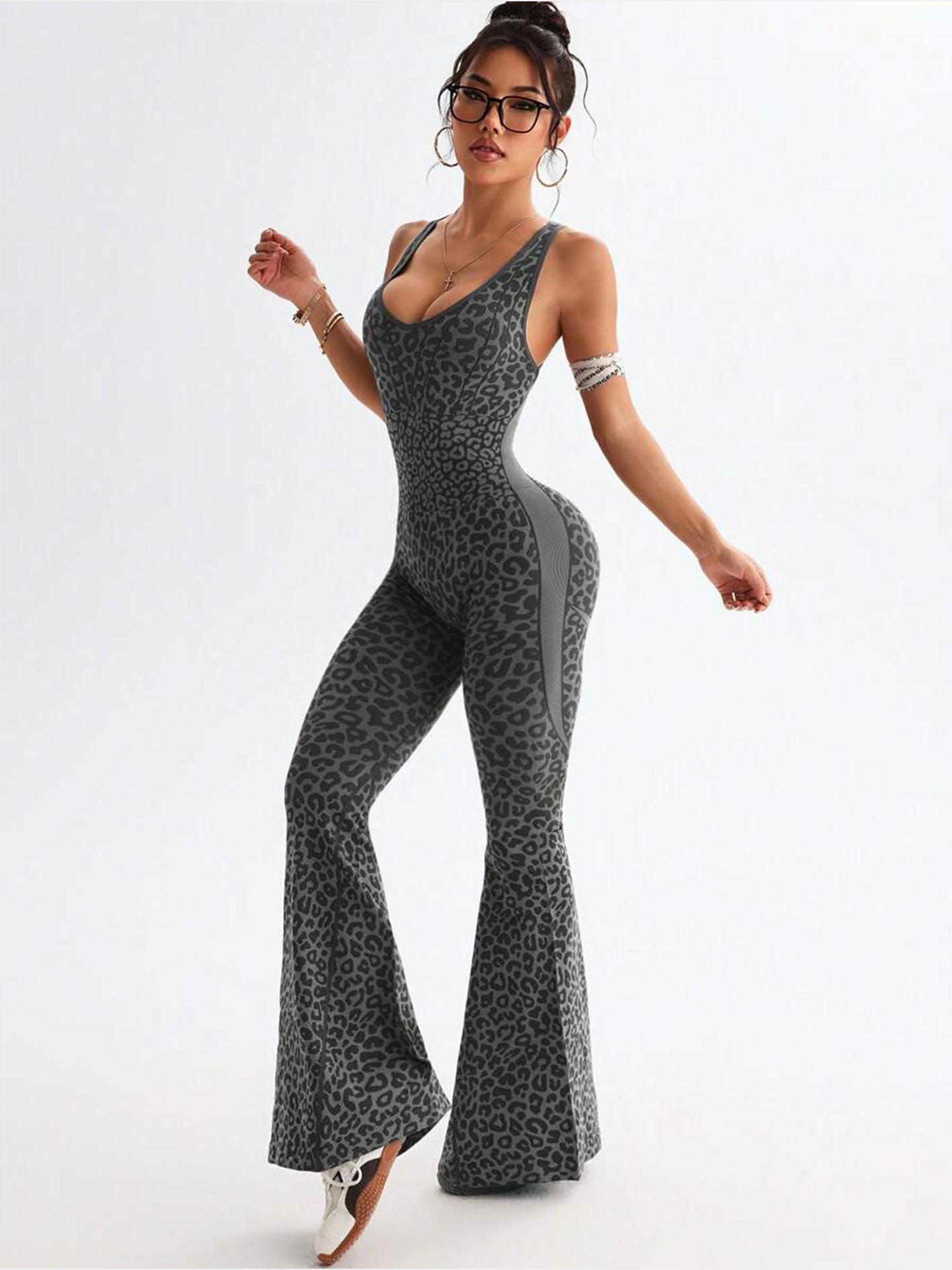 Women's Leopard Print Crisscross Back Yoga Jumpsuit
