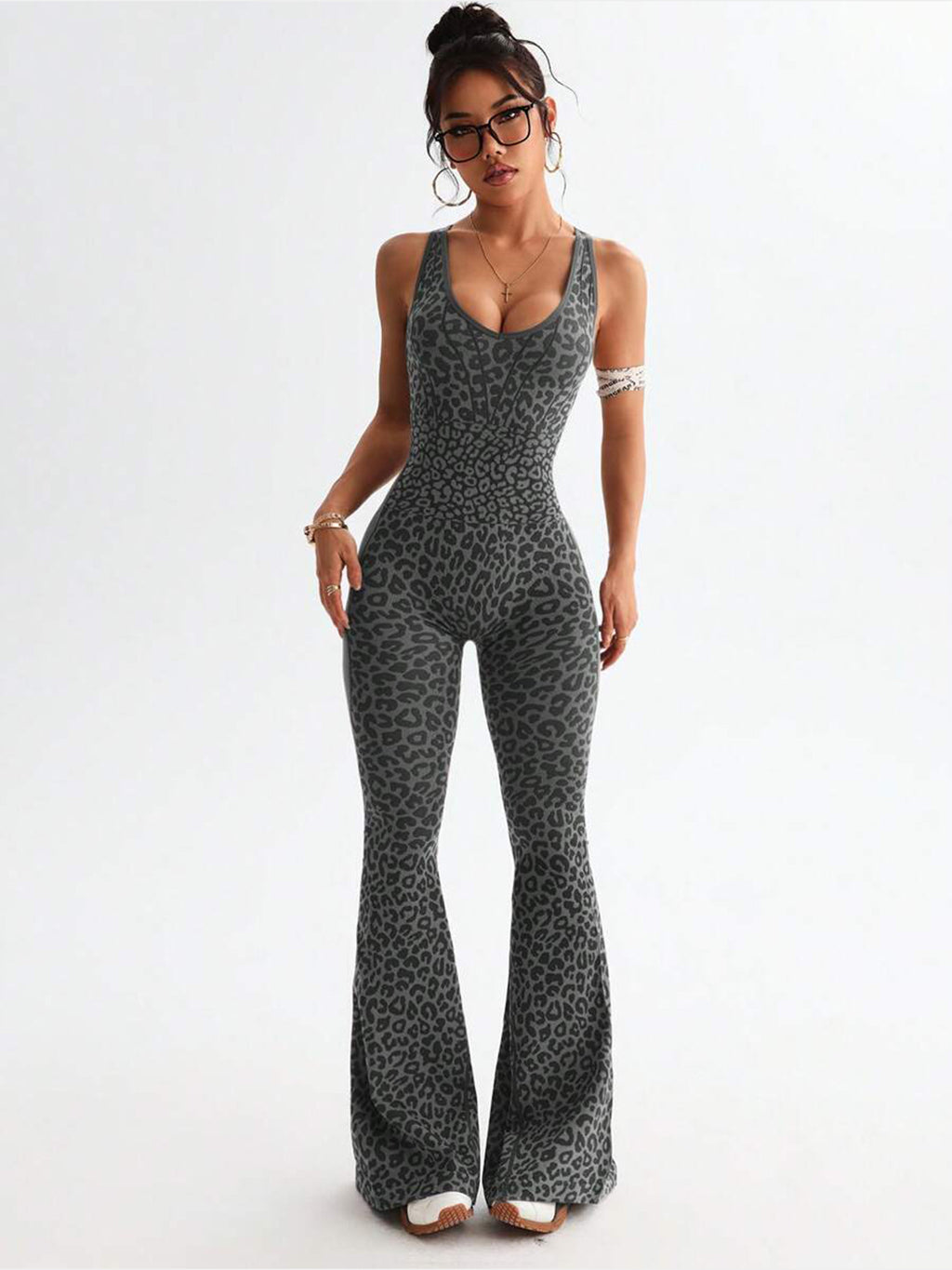 Women's Leopard Print Crisscross Back Yoga Jumpsuit