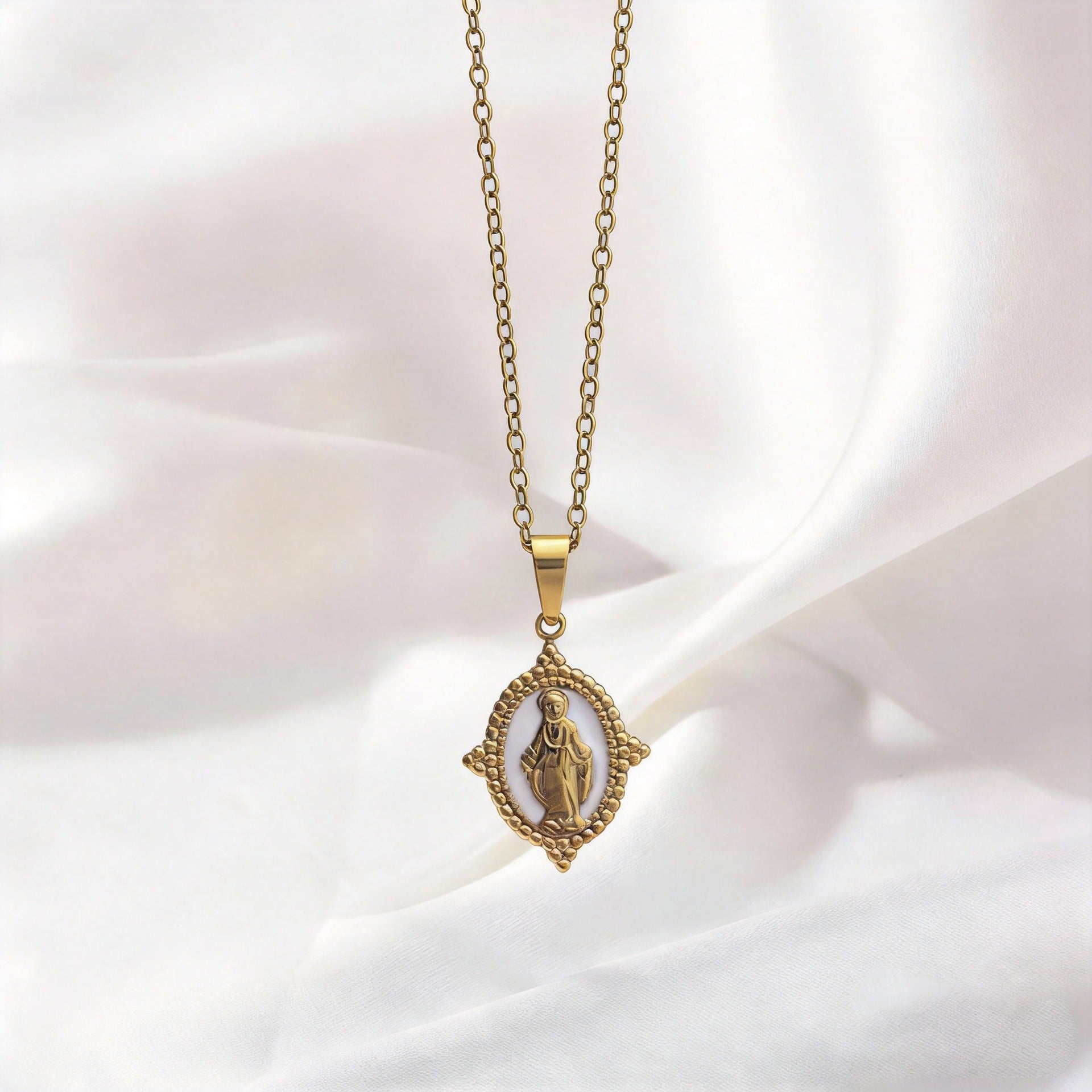 Gold Necklace with Rhinestones - Virgin Mary Pendant