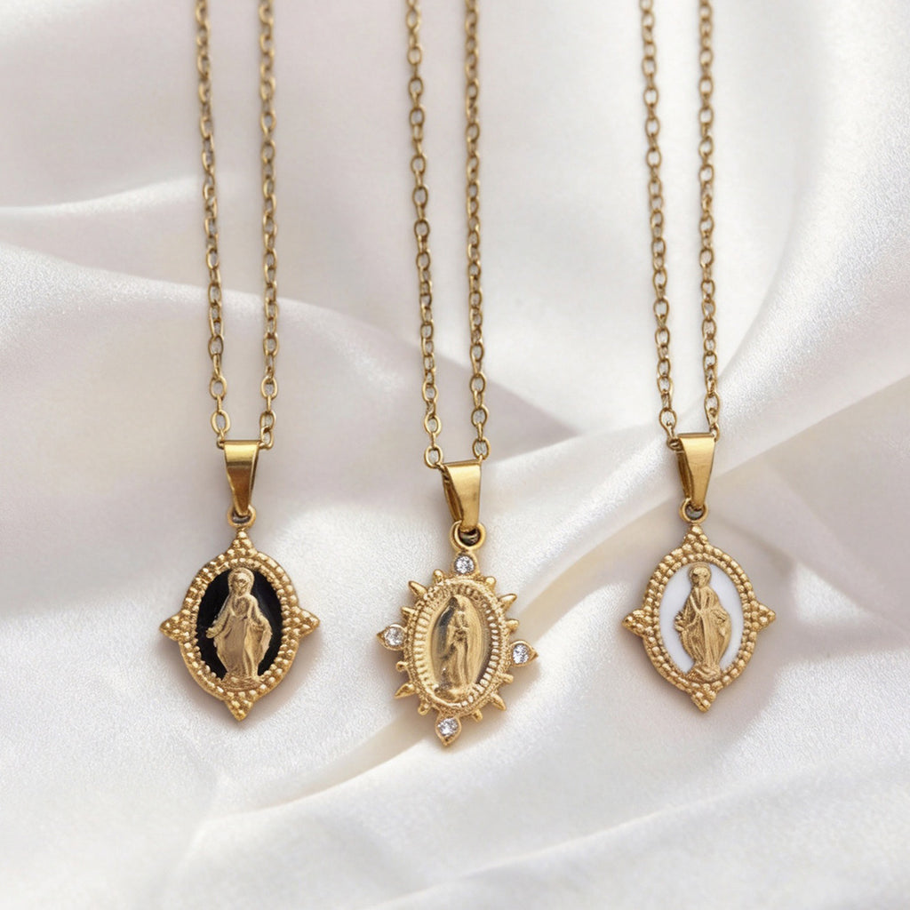 Gold Necklace with Rhinestones - Virgin Mary Pendant