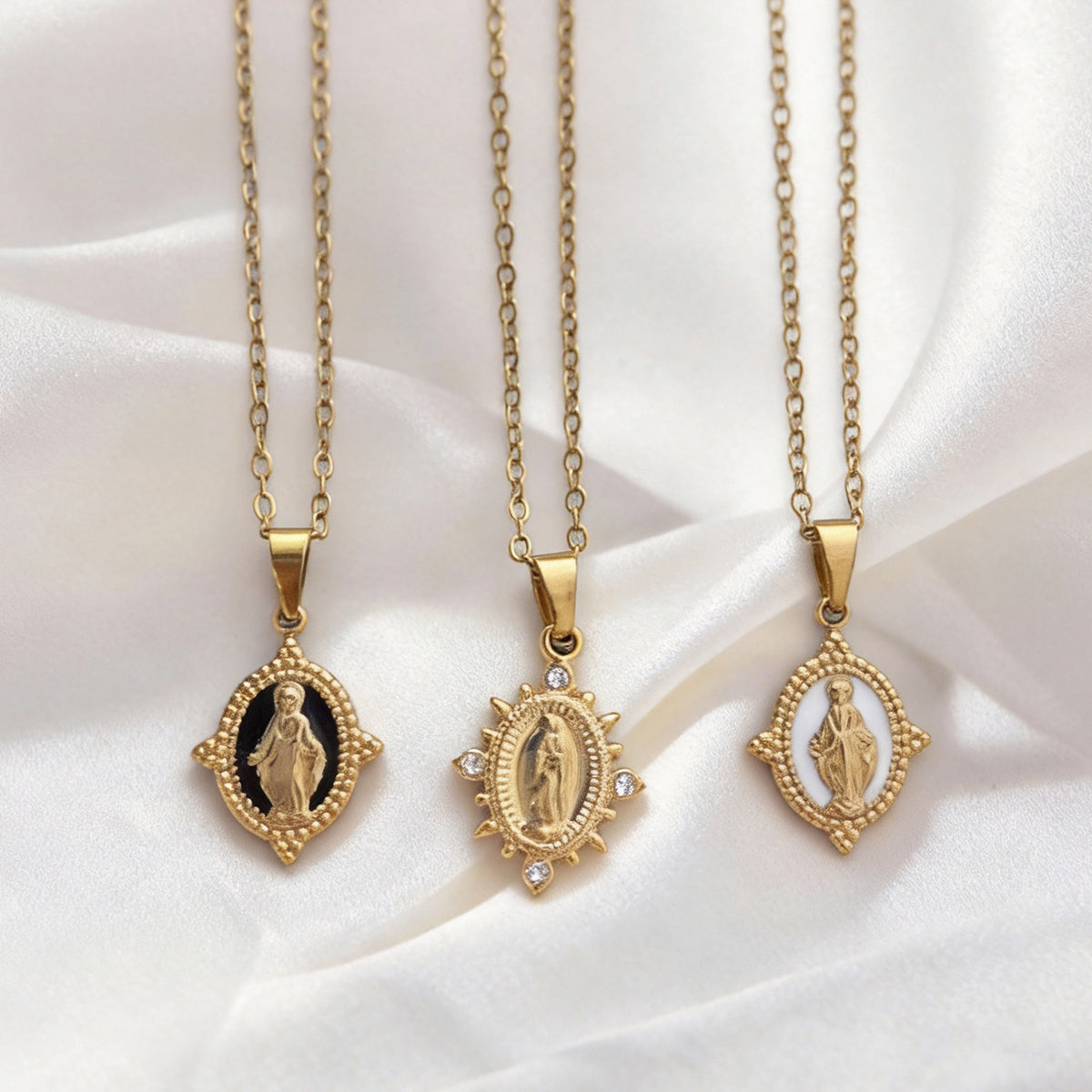 Gold Necklace with Rhinestones - Virgin Mary Pendant