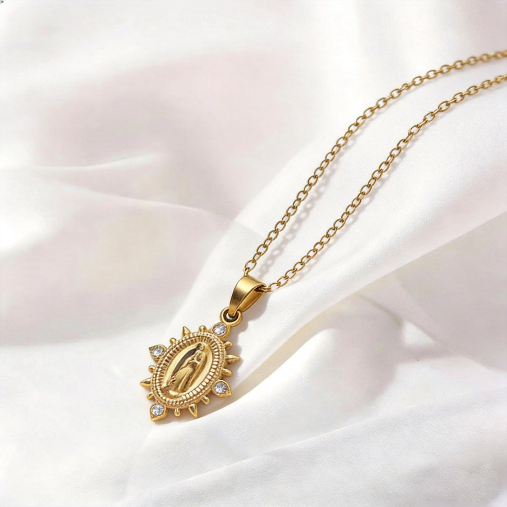 Gold Necklace with Rhinestones - Virgin Mary Pendant