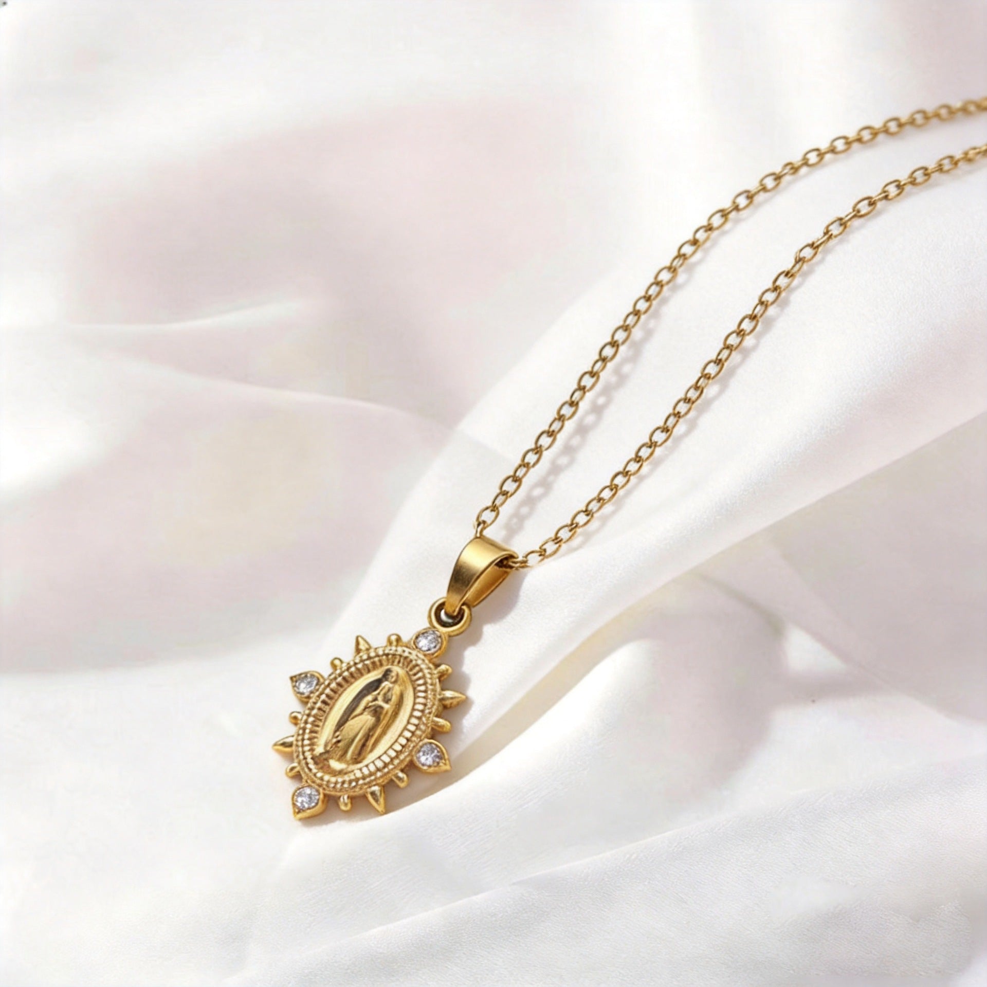 Gold Necklace with Rhinestones - Virgin Mary Pendant