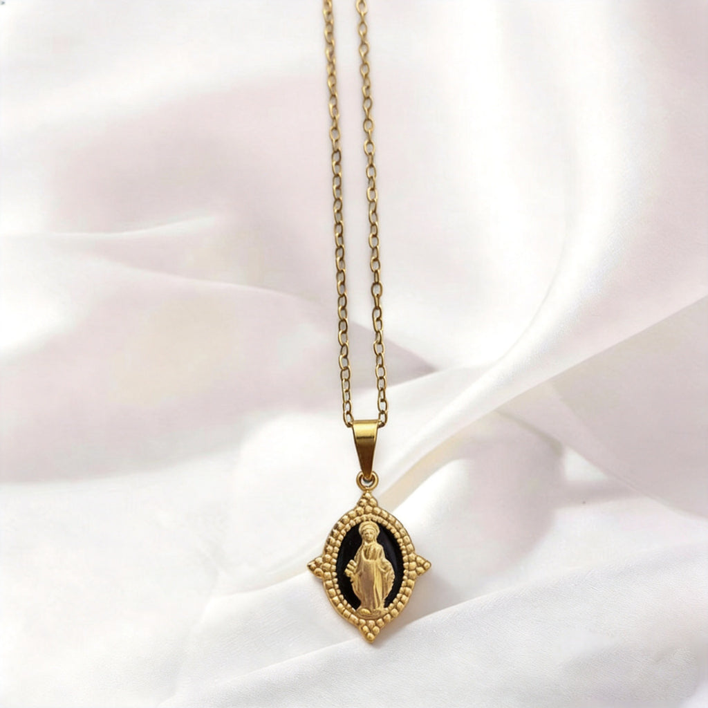 Gold Necklace with Rhinestones - Virgin Mary Pendant