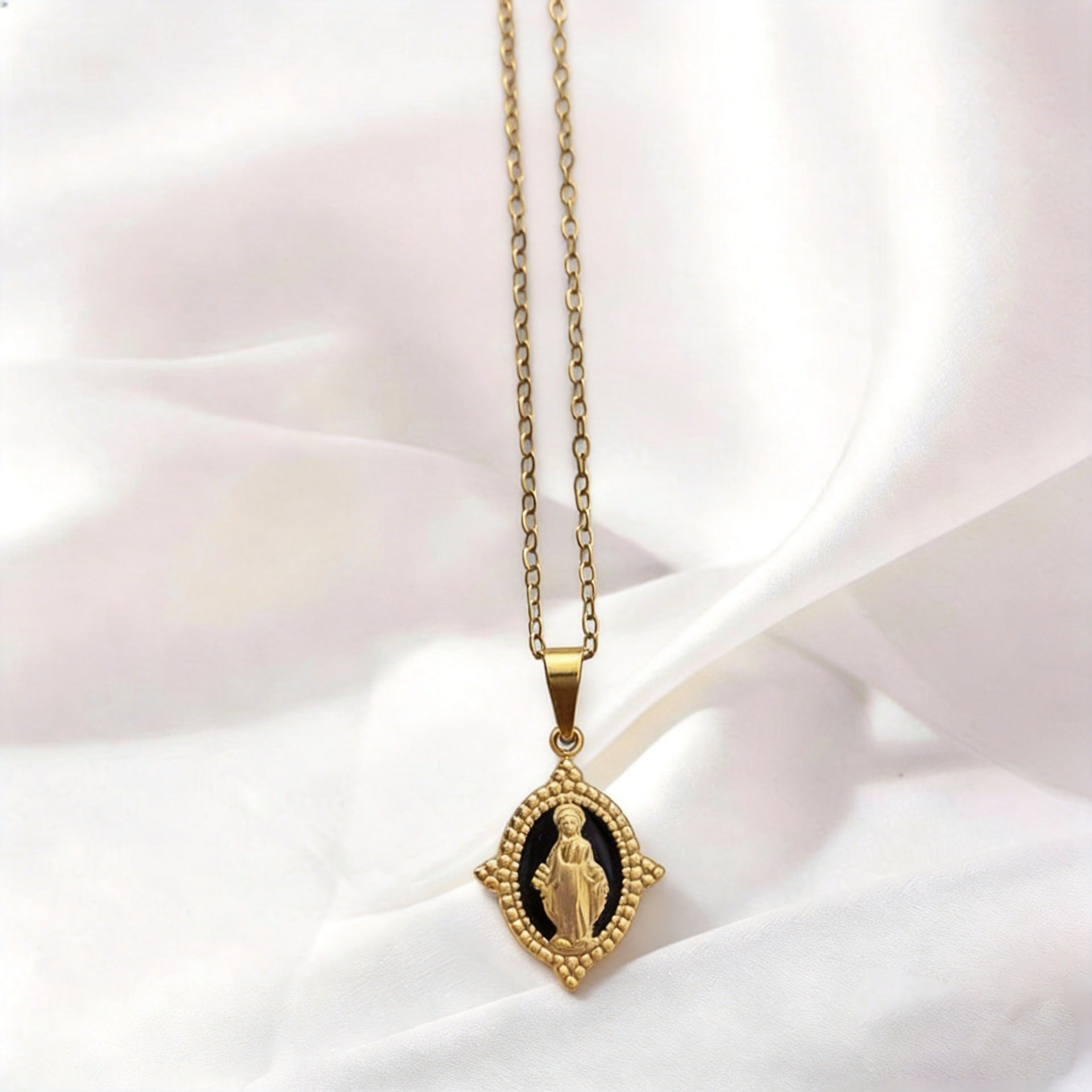 Gold Necklace with Rhinestones - Virgin Mary Pendant