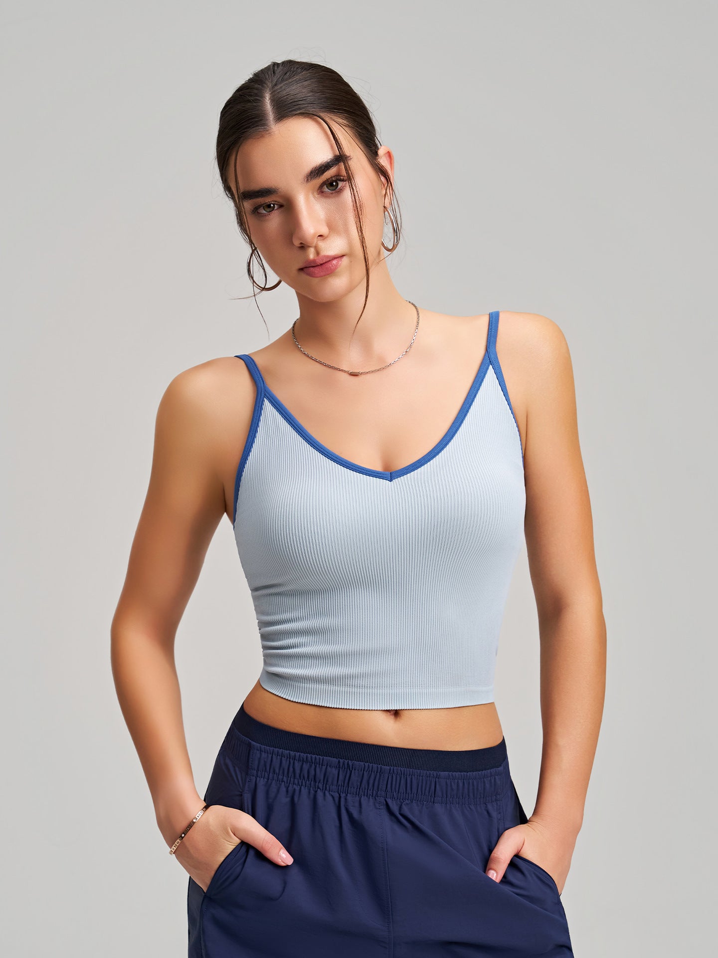 Color-block V-neck Camisole with Built-in Padded Cups