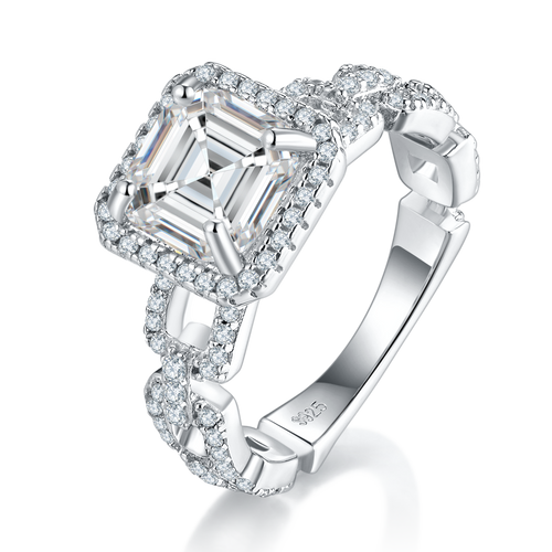 S925 Sterling Silver Moissanite Ring - Asscher Cut Halo Design