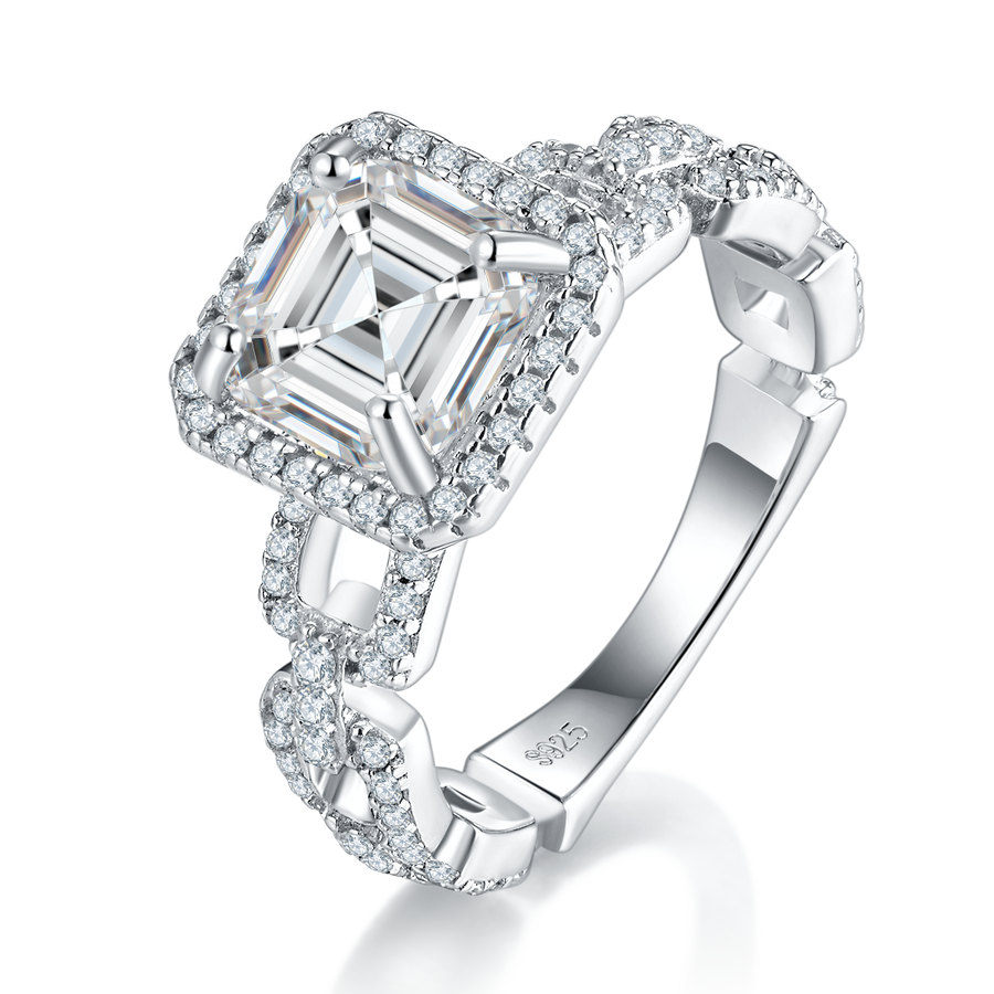 S925 Sterling Silver Moissanite Ring - Asscher Cut Halo Design