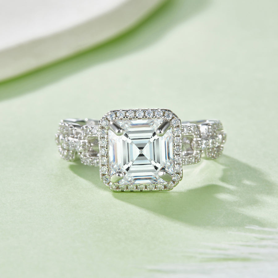 S925 Sterling Silver Moissanite Ring - Asscher Cut Halo Design