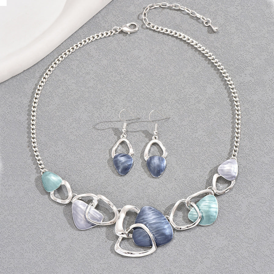 Elegant Round Enamel Drop Earrings & Clavicle Necklace Set