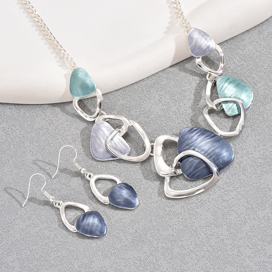 Elegant Round Enamel Drop Earrings & Clavicle Necklace Set