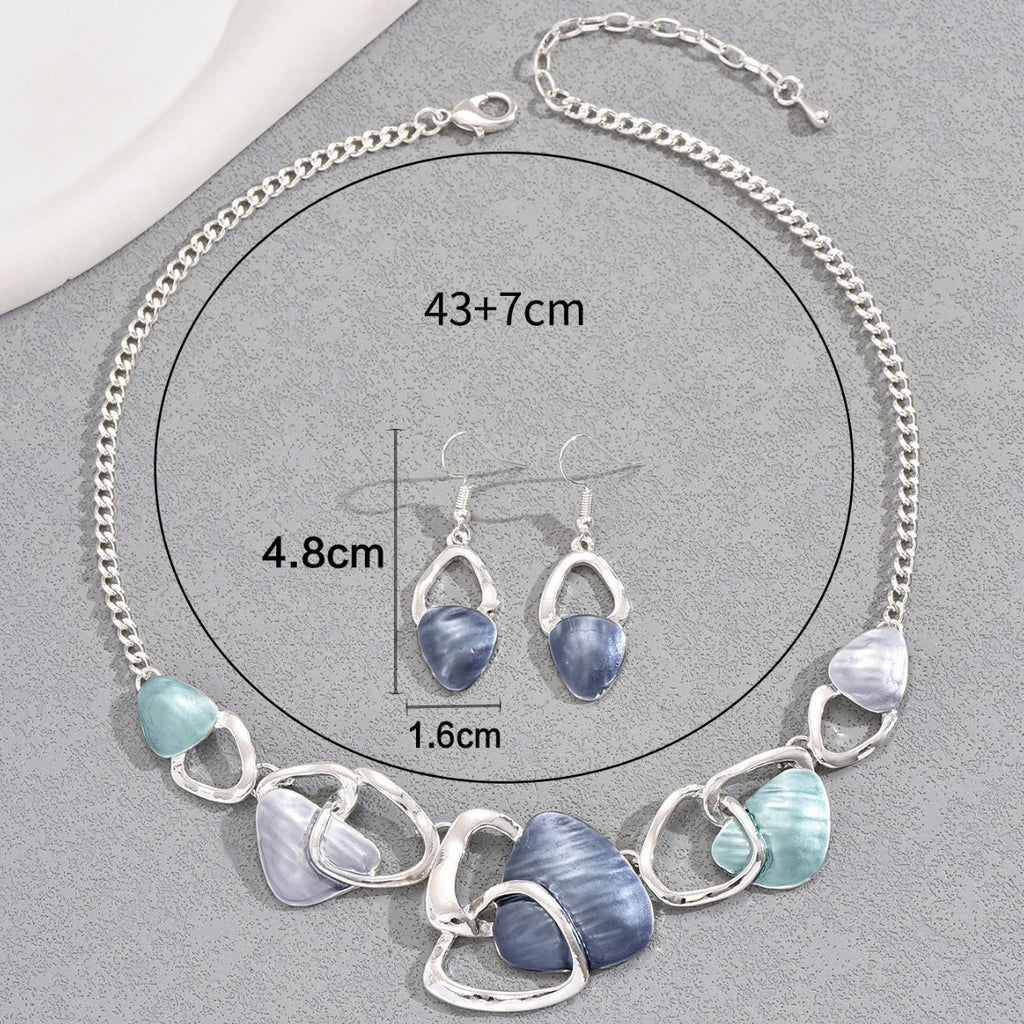 Elegant Round Enamel Drop Earrings & Clavicle Necklace Set