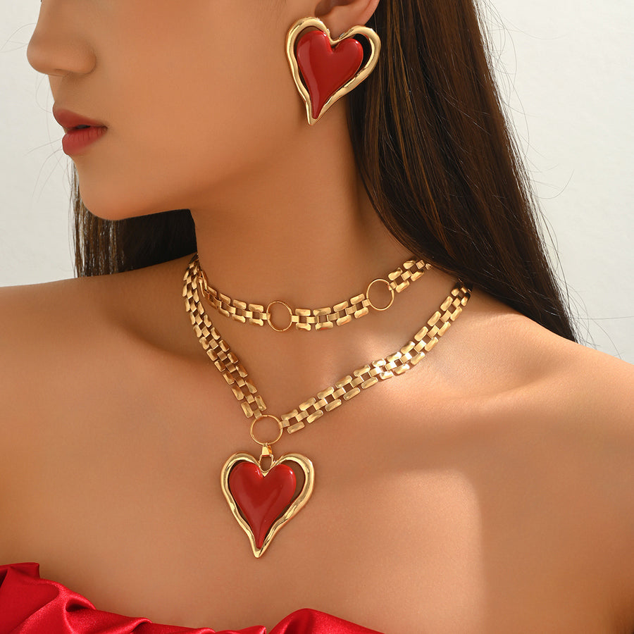 Cross-Border Jewelry Set: Heart Enamel Earrings & Necklace
