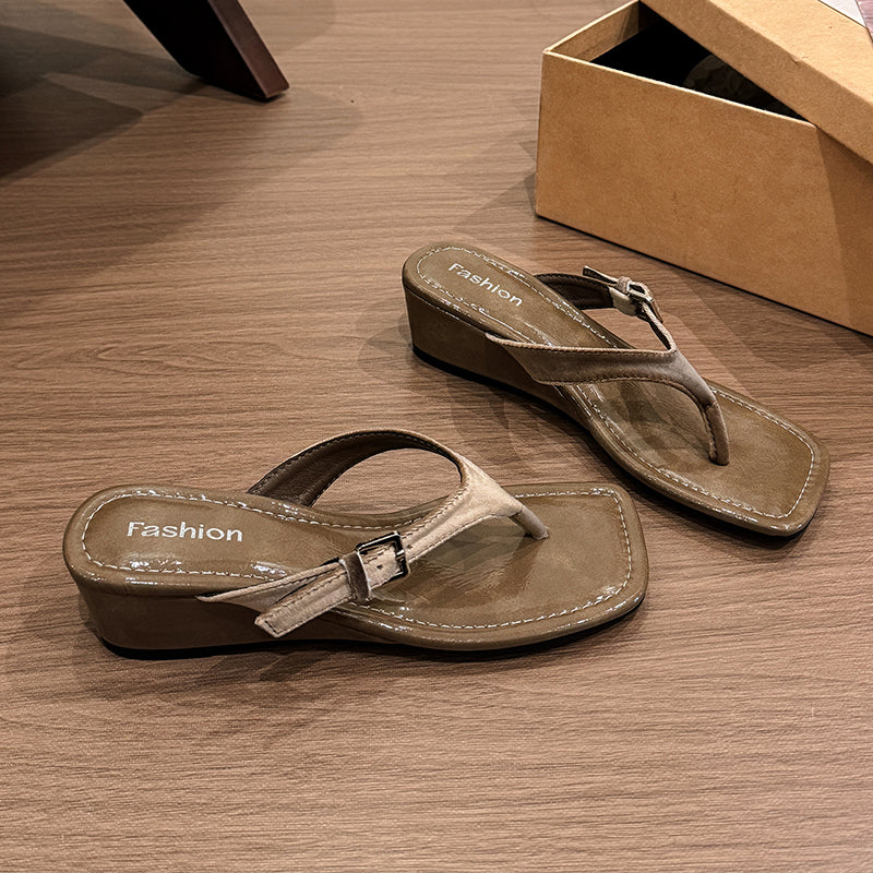 Women's French Square Toe Wedge Platform Thong Sandals