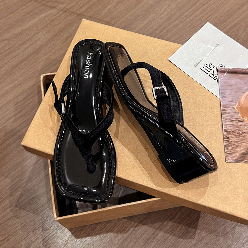 Women's French Square Toe Wedge Platform Thong Sandals