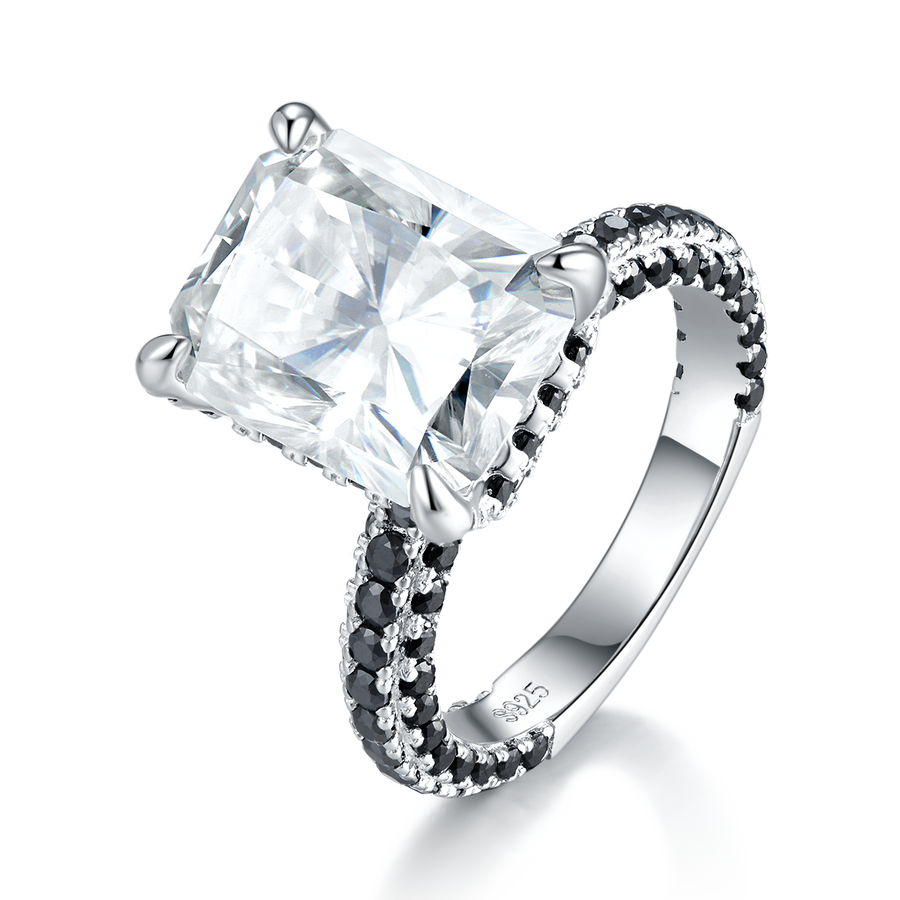 S925 Sterling Silver Moissanite Ring with Black Pave Band