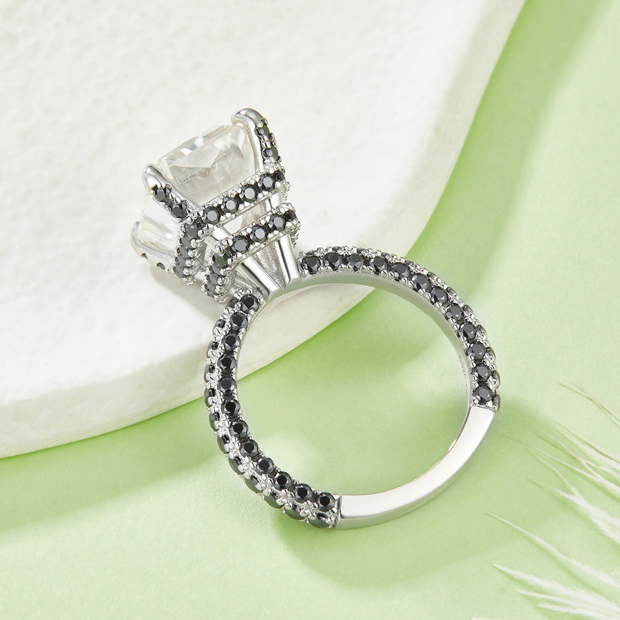 S925 Sterling Silver Moissanite Ring with Black Pave Band