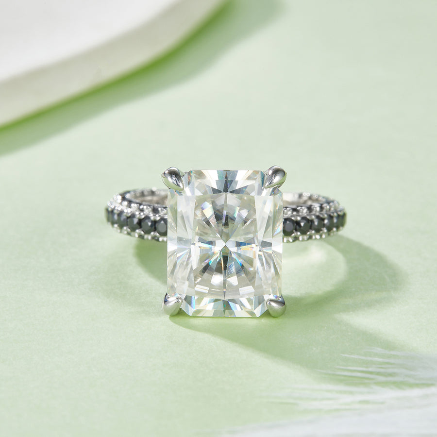 S925 Sterling Silver Moissanite Ring with Black Pave Band